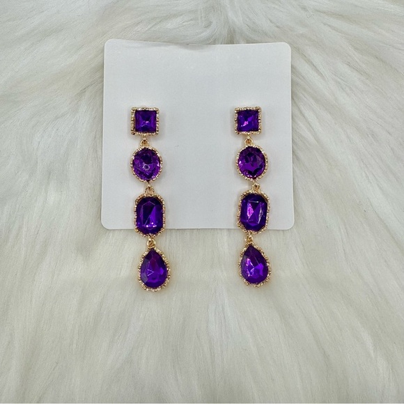 Dramatic Violet Rhinestone Water Drop long Earrings - Picture 4 of 4